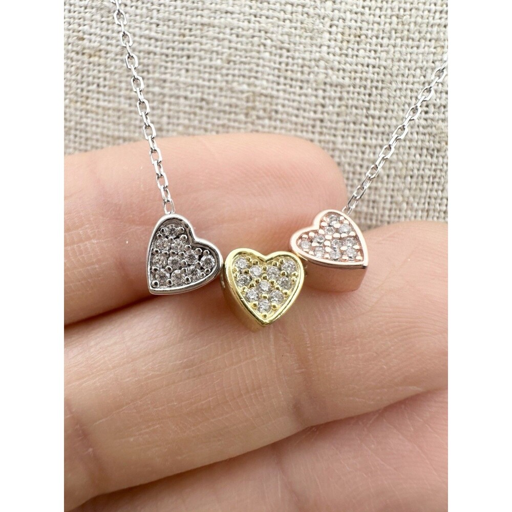925 Sterling Silver Gold Triple Heart Crystals CZ Womens Pendant Necklace 17”